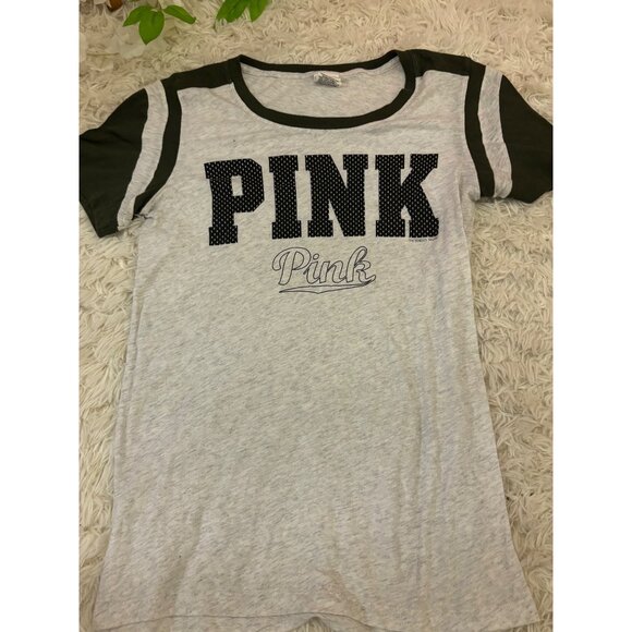 Victorias Secret PINK Graphic T-Shirt L Gray & Black Short Sleeve Cotton Blend - Picture 4 of 10